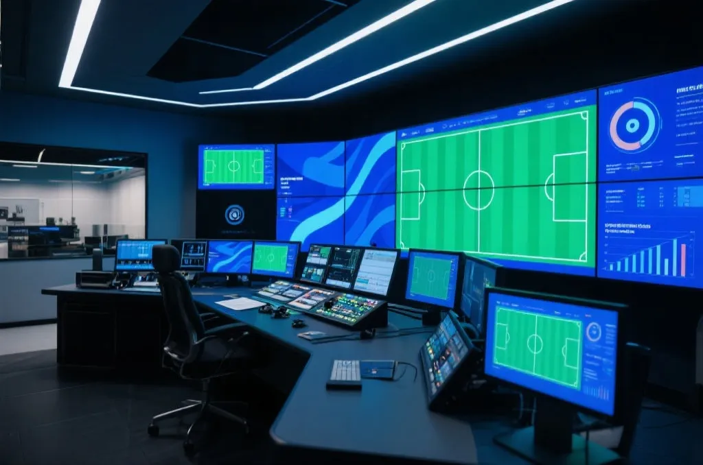 A sleek digital media broadcast control room with multiple screens displaying abstract sports graphics
